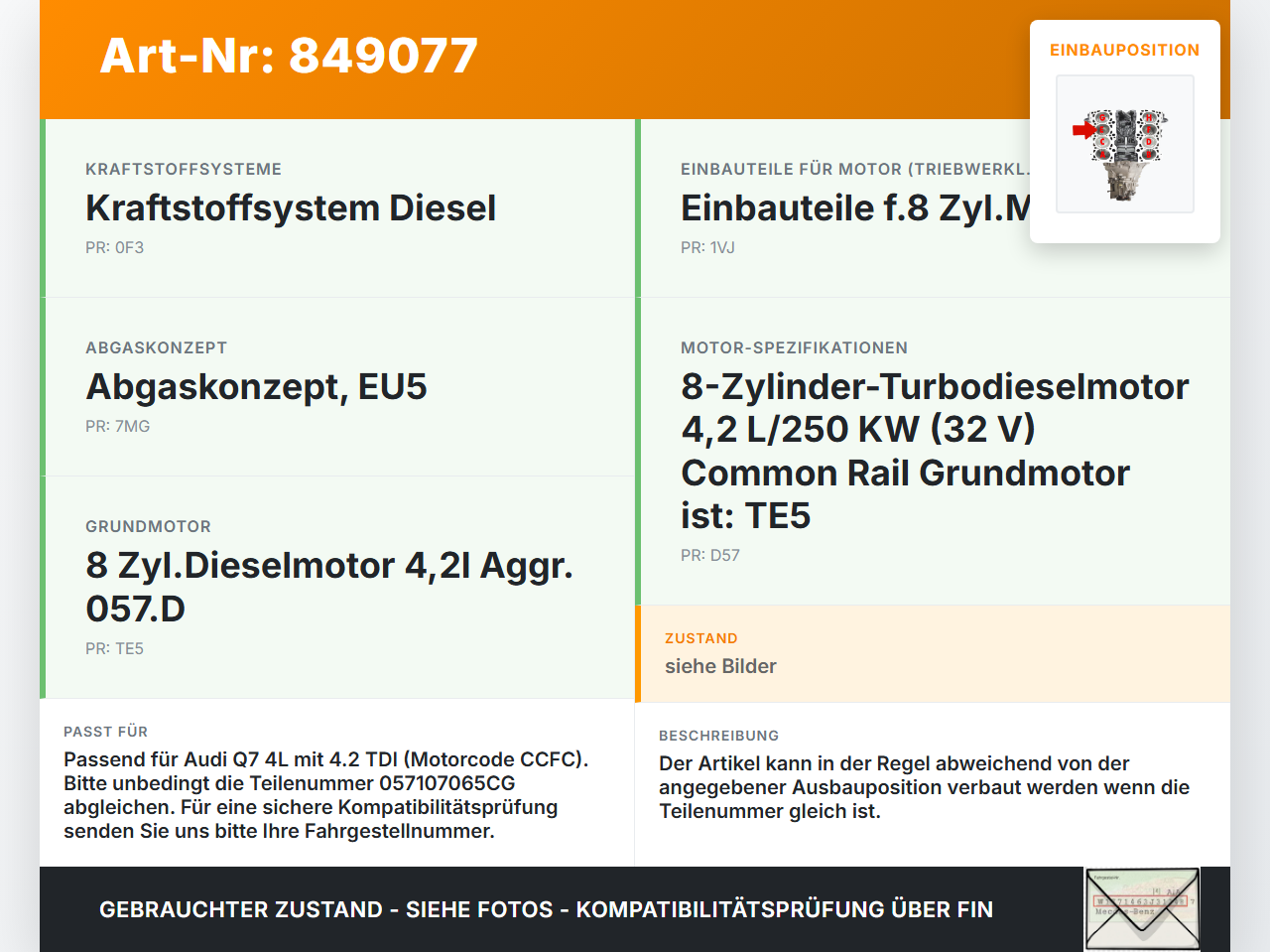 Audi Q7 4L 09-12 TDI 4,2 250KW CCFC Kolben mit Pleuel Pos E Audi Q7 4L 09-12 15.09.2011 057107065CG gebraucht Vorschau 3