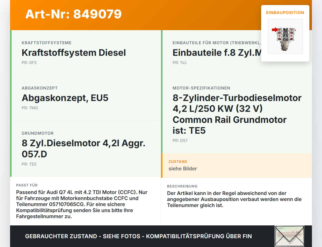 Audi Q7 4L 09-12 TDI 4,2 250KW CCFC Kolben mit Pleuel Pos G Audi Q7 4L 09-12 15.09.2011 057107065CG gebraucht Vorschau 3