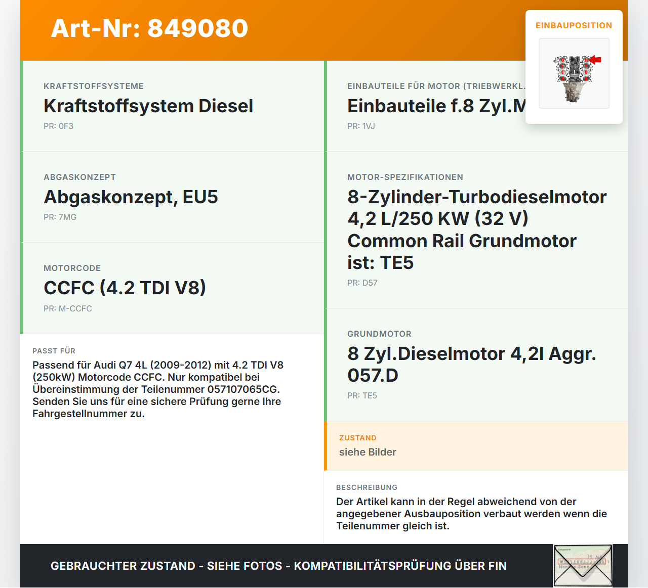 Audi Q7 4L 09-12 TDI 4,2 250KW CCFC Kolben mit Pleuel Pos H Audi Q7 4L 09-12 15.09.2011 057107065CG gebraucht Vorschau 3