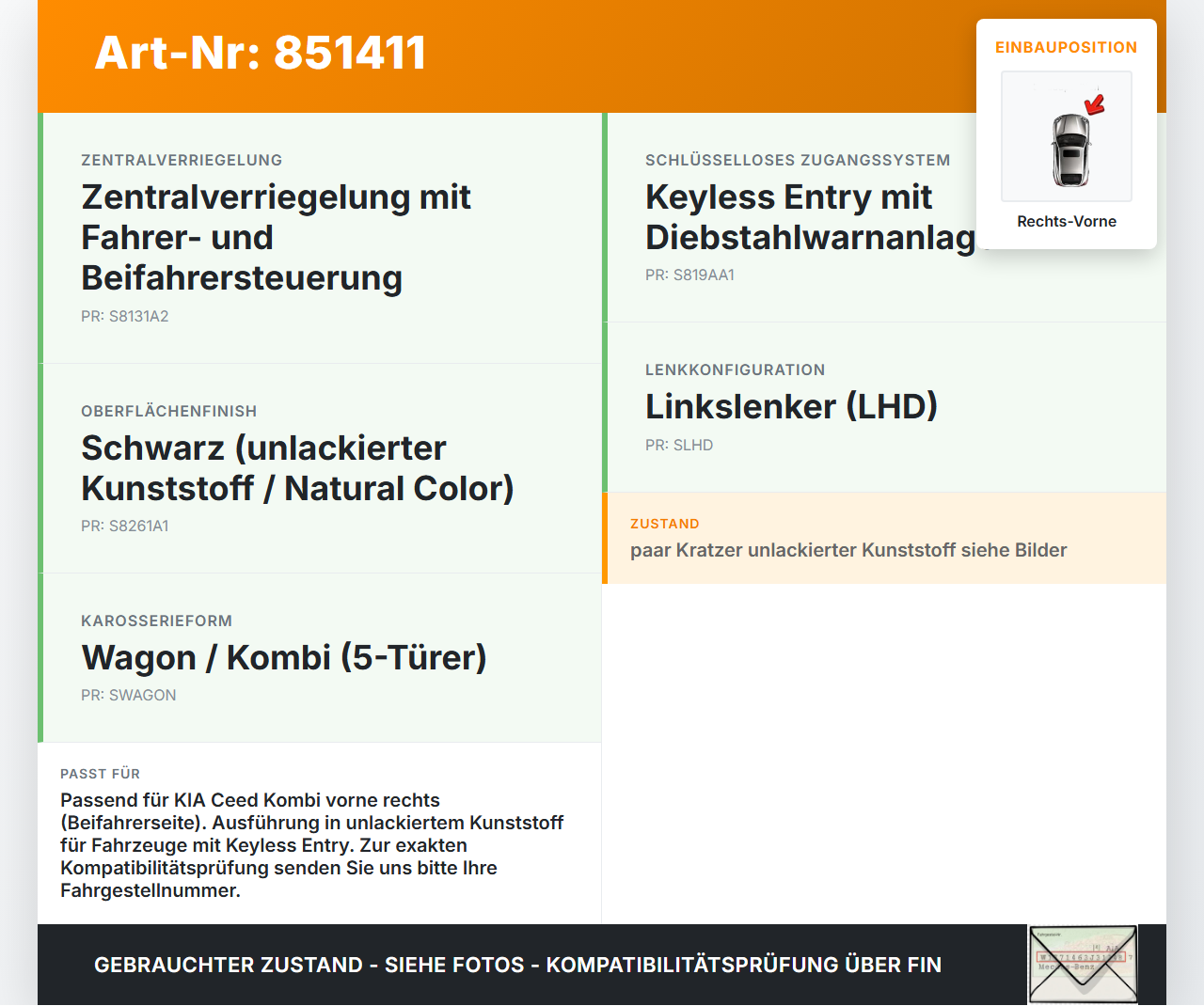 KIA Ceed 07-12 Kombi Türgriff Griff aussen Rechts Vorne HR KIA Ceed 07-12 14.12.2007 gebraucht Vorschau 3