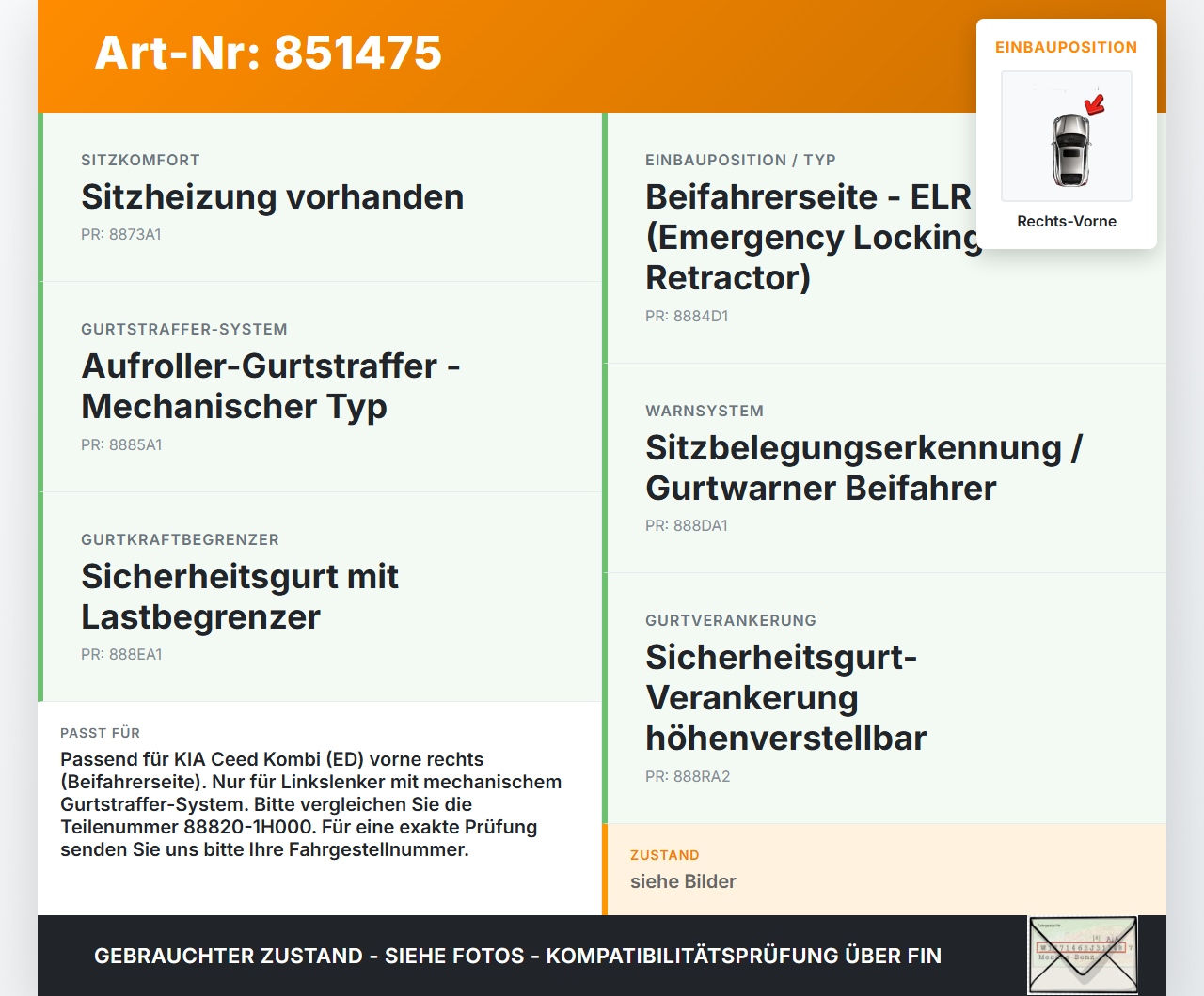KIA Ceed 07-12 Kombi Gurtstraffer Beifahrer Rechts Vorne KIA Ceed 07-12 14.12.2007 888201H000 88820-1H000 gebraucht Vorschau 3