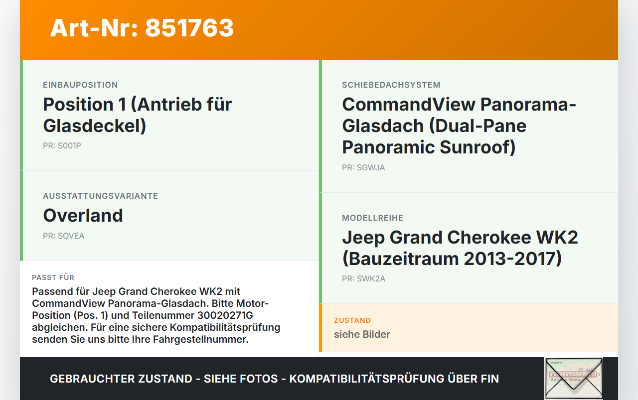 Jeep Grand Cherokee WK2 13-17 Schiebedachmotor Pos.1 Jeep Grand Cherokee WK2 13-17 08.03.2013 30020271G gebraucht Vorschau 3