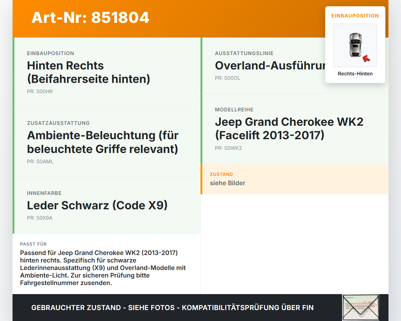 Jeep Grand Cherokee WK2 13-17 Handgriff Haltegriff Rechts Hinten Jeep Grand Cherokee WK2 13-17 08.03.2013 gebraucht Vorschau 3