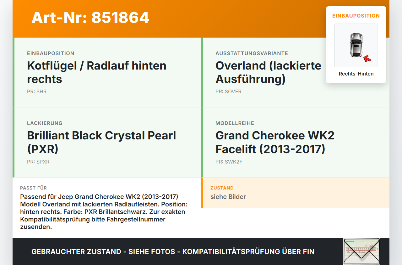 Jeep Grand Cherokee WK2 13-17 Leiste für Kotflügel Rechts Hinten PXR Jeep Grand Cherokee WK2 13-17 08.03.2013 gebraucht Vorschau 3