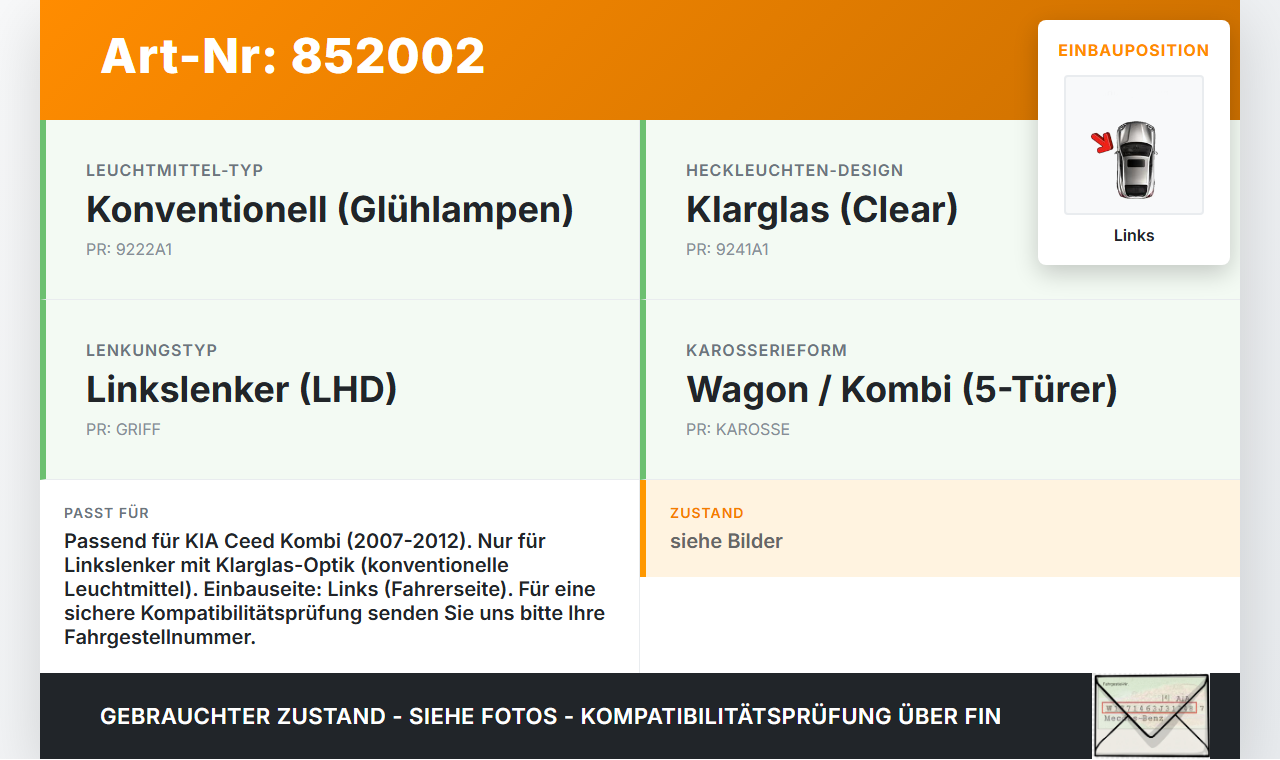 KIA Ceed 07-12 Kombi Rückleuchte Rücklicht Heckleuchte Links orig KIA Ceed 07-12 14.12.2007 92401-1H300 gebraucht Vorschau 3