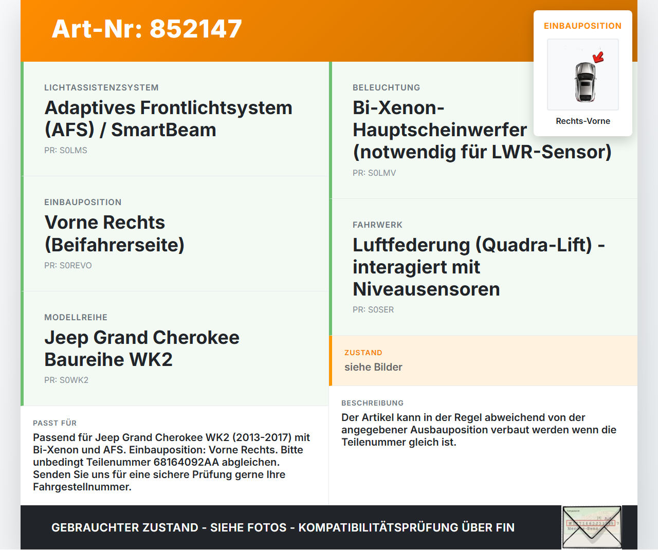 Jeep Grand Cherokee WK2 13-17 Xenon LWR Sensor Neigung Rechts Vorne Jeep Grand Cherokee WK2 13-17 08.03.2013... Vorschau 3
