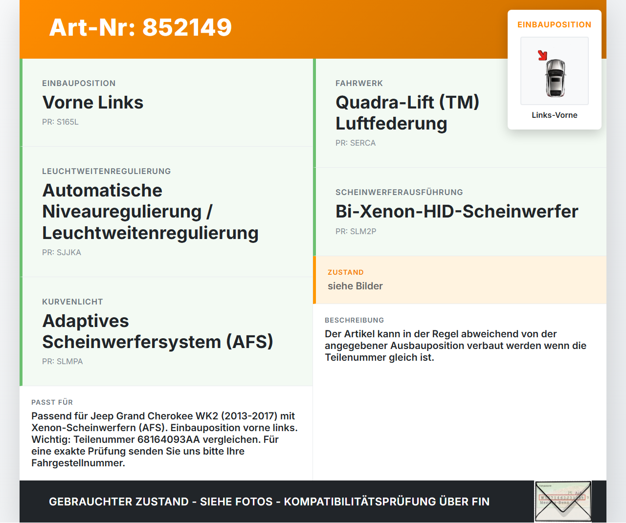 Jeep Grand Cherokee WK2 13-17 Xenon LWR Sensor Neigung Links Vorne Jeep Grand Cherokee WK2 13-17 08.03.2013... Vorschau 3