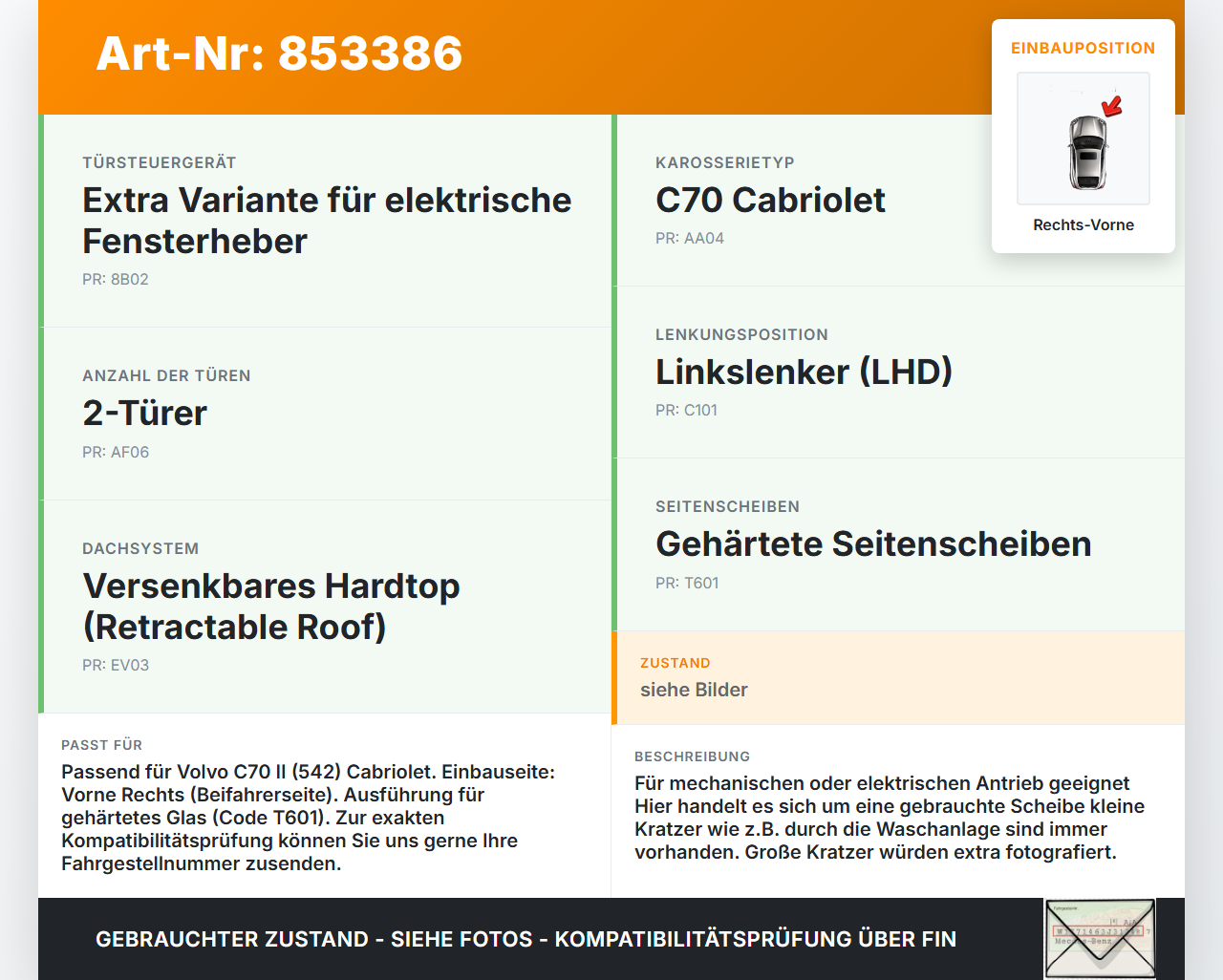 Volvo C70 II 542 05-09 Cabriolet RVK Seitenscheibe für Tür Türscheibe Rechts Vorne Volvo C70 II 542 05-09... Vorschau 3