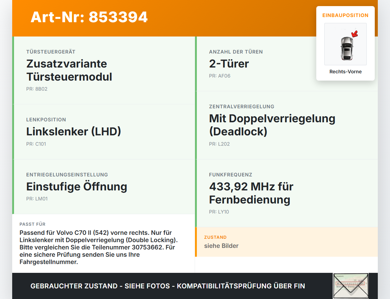 Volvo C70 II 542 05-09 Cabriolet Türschloss m. ZV Stellmotor Rechts Vorne Volvo C70 II 542 05-09 11.05.2006... Vorschau 3