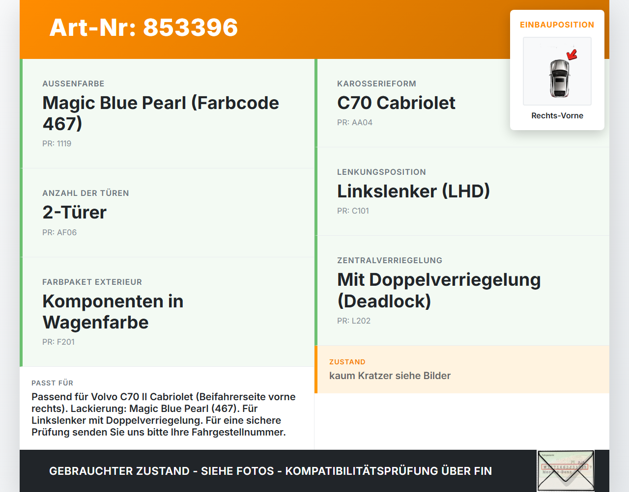 Volvo C70 II 542 05-09 Cabriolet Türgriff Griff aussen Rechts Vorne 467 Volvo C70 II 542 05-09 11.05.2006 gebraucht Vorschau 3