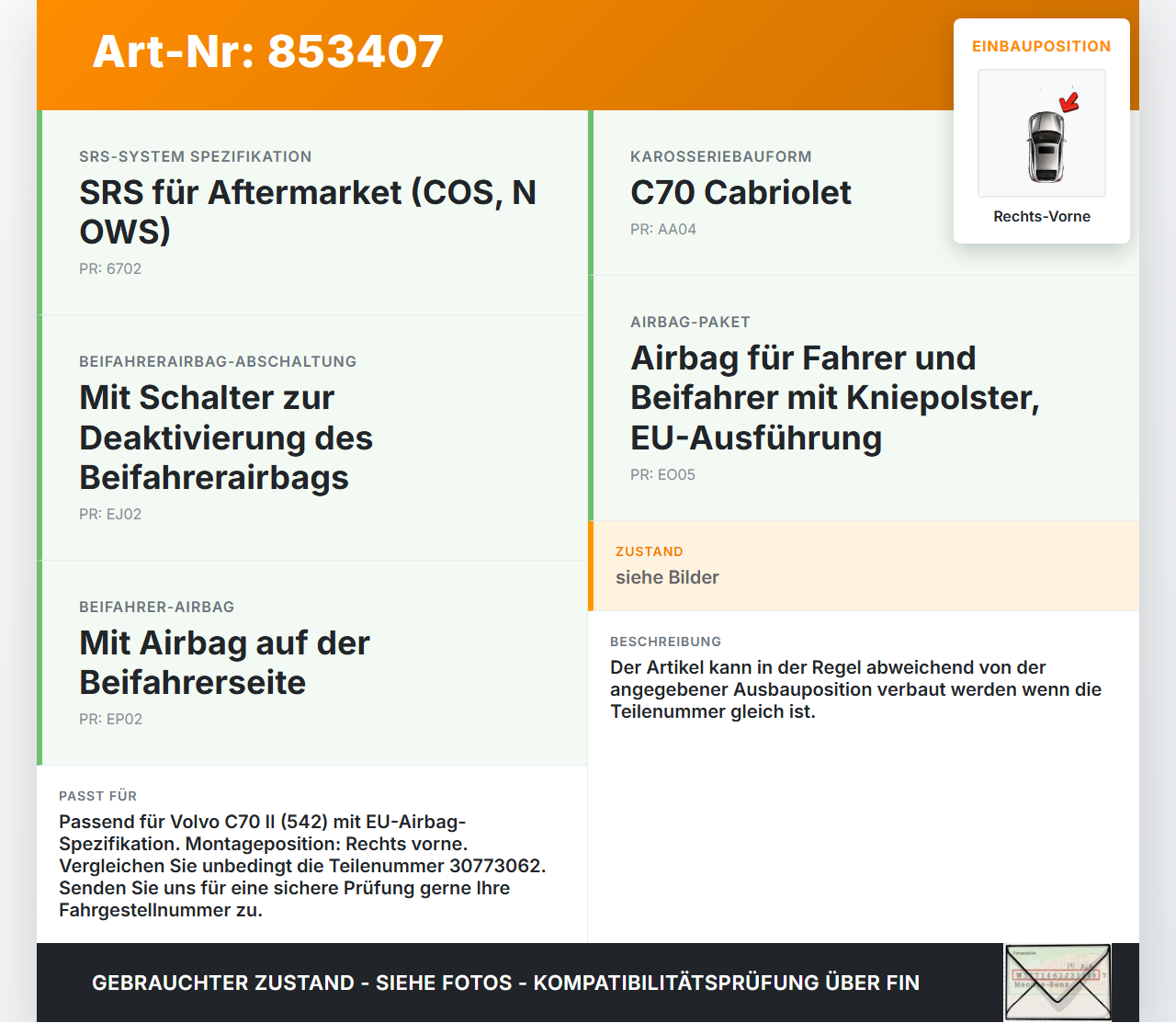 Volvo C70 II 542 05-09 Sensor Airbag Crashsensor Airbagsensor Rechts Vorne Volvo C70 II 542 05-09 11.05.2006... Vorschau 3