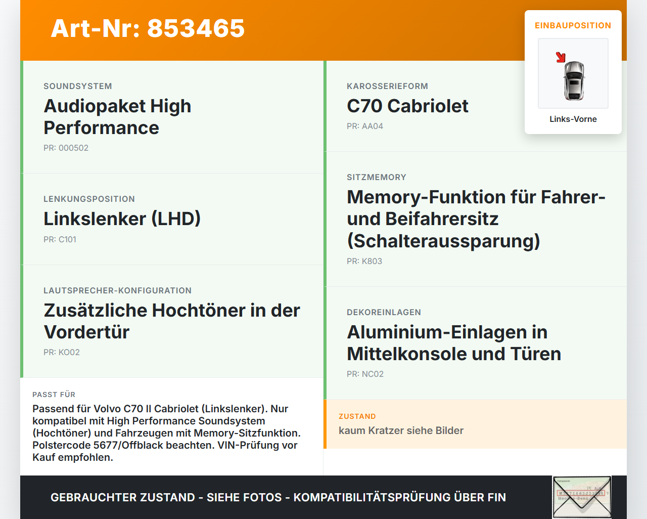 Volvo C70 II 542 05-09 Cabriolet Türverkleidung Türpappe Links Vorne Volvo C70 II 542 05-09 11.05.2006 39823803... Vorschau 3