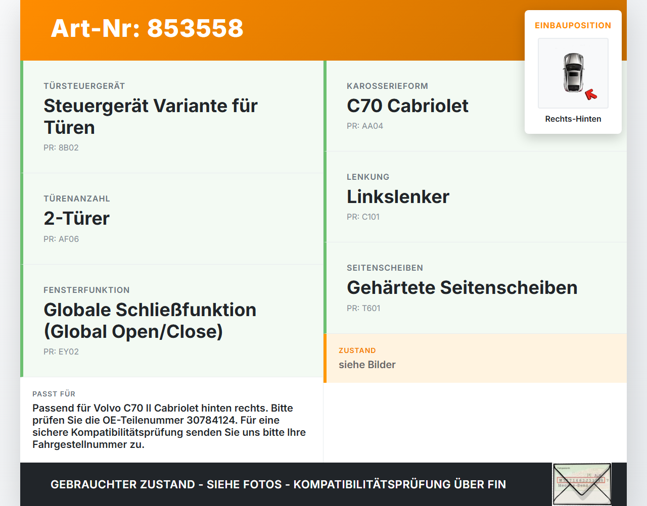Volvo C70 II 542 05-09 Cabriolet Fensterhebermotor mit Fensterheber Rechts Hinten Volvo C70 II 542 05-09 11.05.2006... Vorschau 3