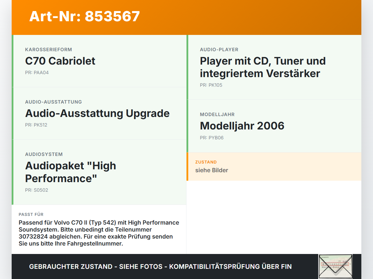 Volvo C70 II 542 05-09 Verstärker Endstufe Soundsystem Volvo C70 II 542 05-09 11.05.2006 30732824 gebraucht Vorschau 3