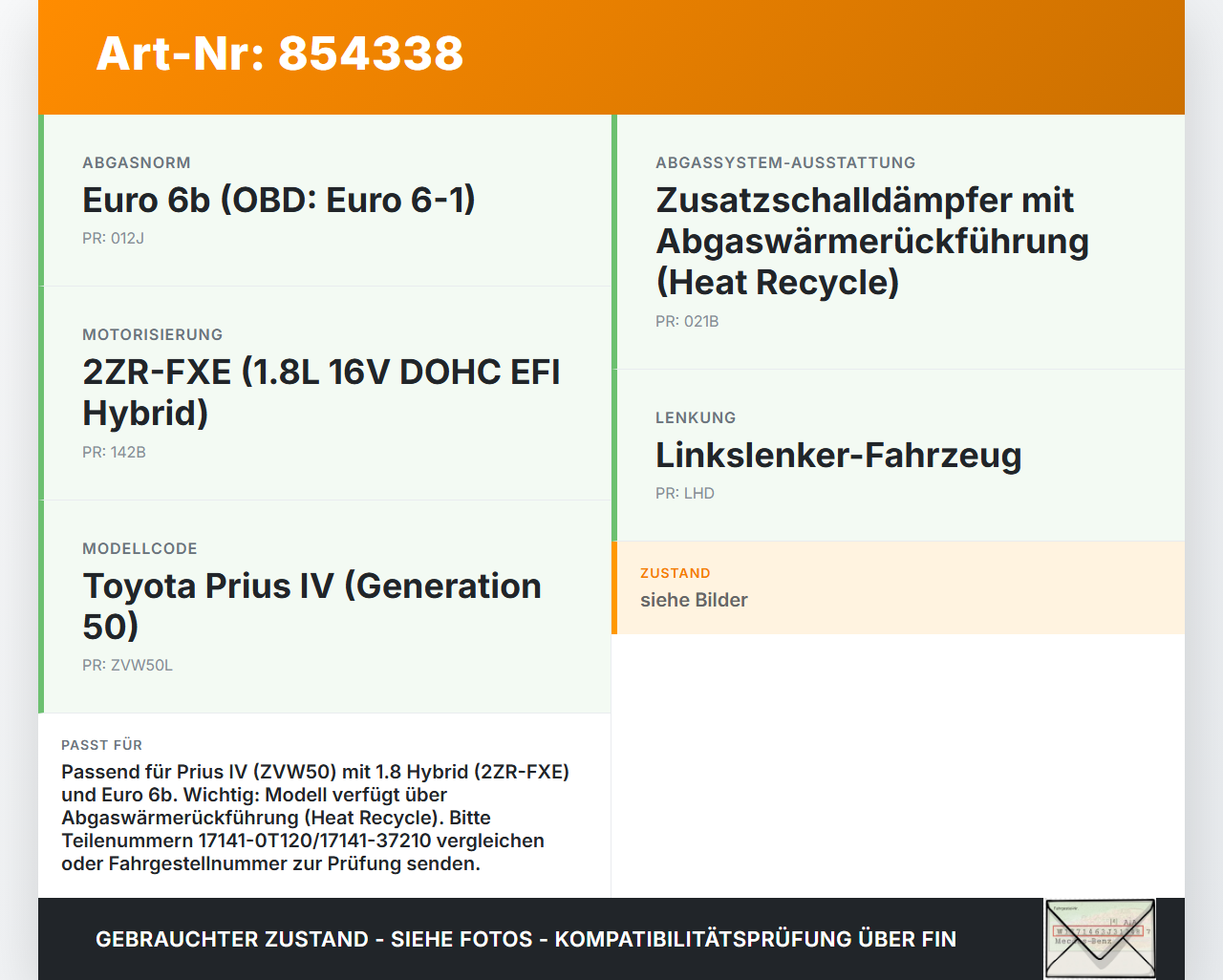 Toyota Prius IV ZVW5 16-19 Hybrid VVT-i 1,8 72KW Katalysator Kat Vorkat mit Abgaskrümmer Toyota Prius IV ZVW5 16-19... Vorschau 3