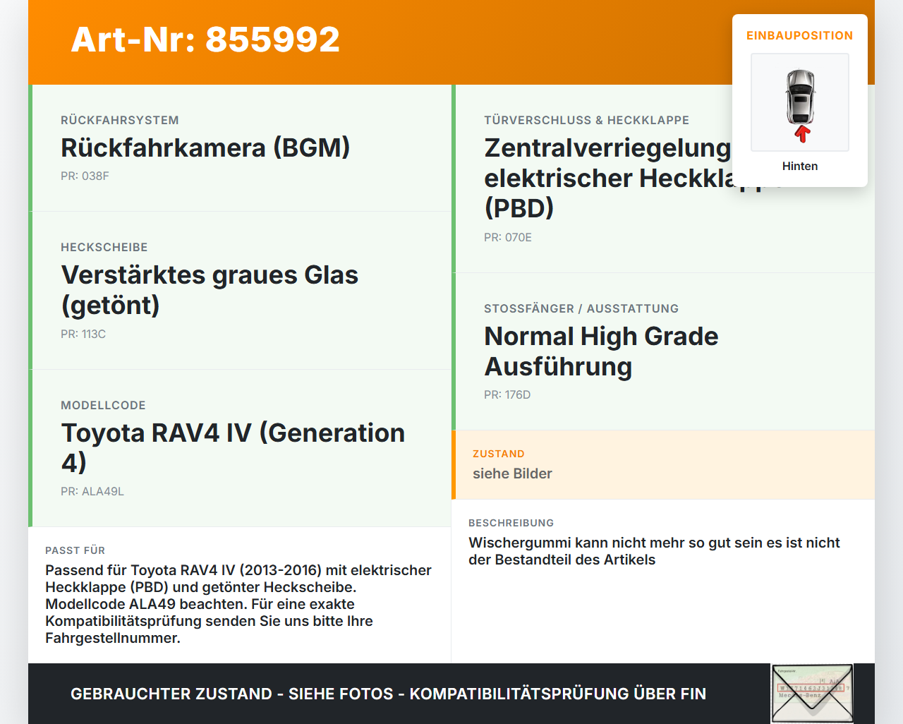 Toyota RAV4 IV 13-16 Heckwischer Scheibenwischer Hinten Wischarm Toyota RAV4 IV 13-16 04.07.2014 8524142090 gebraucht Vorschau 3