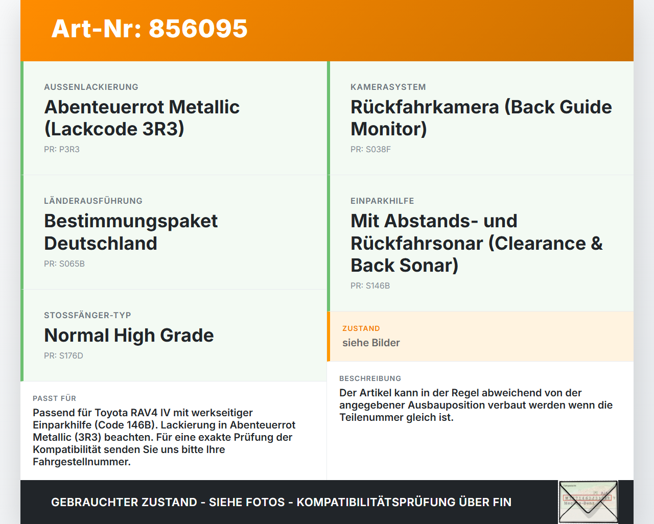 Toyota RAV4 IV 13-16 Abstands Sensor Parksensor PDC Pos.4 3R3 Toyota RAV4 IV 13-16 04.07.2014 42030-43040 gebraucht Vorschau 3