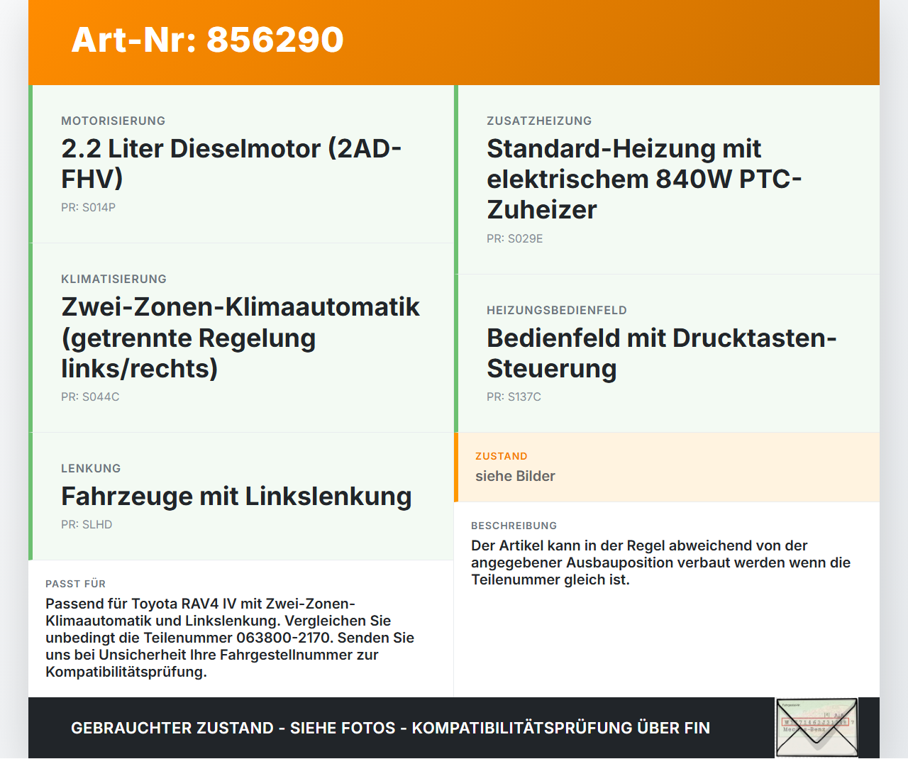 Toyota RAV4 IV 13-16 Luftklappenstellmotor Stellmotor Pos.2 Toyota RAV4 IV 13-16 04.07.2014 063800-2170 gebraucht Vorschau 3
