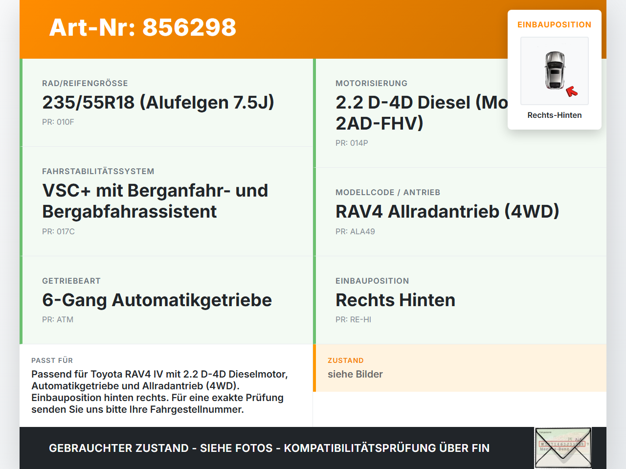 Toyota RAV4 IV 13-16  2.2 D-4D 110KW Antriebswelle Gelenkwelle Rechts Hinten Toyota RAV4 IV 13-16 04.07.2014... Vorschau 3