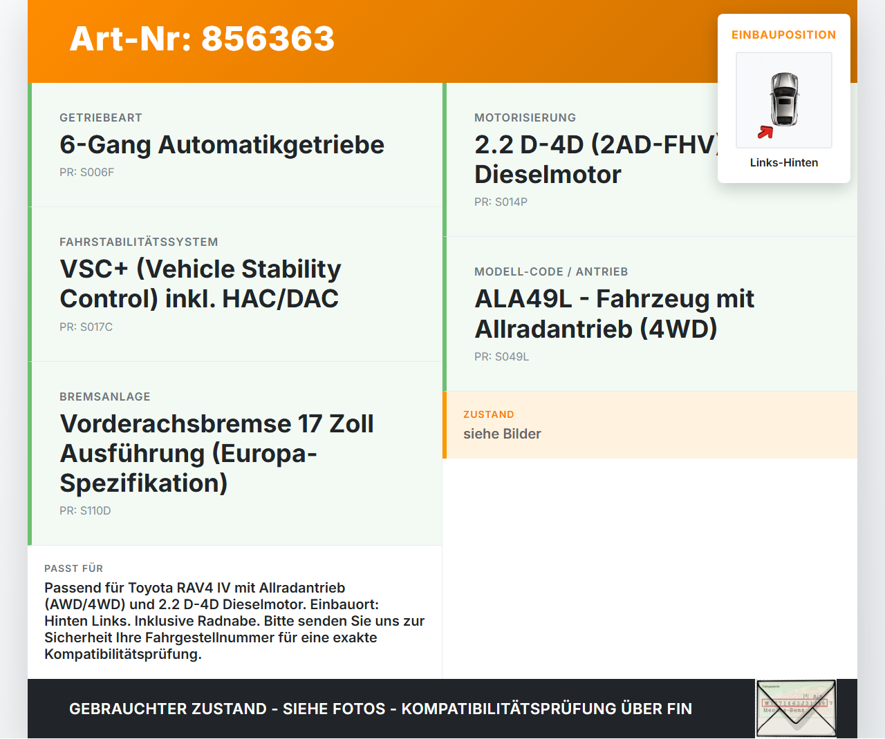 Toyota RAV4 IV 13-16  2.2 D-4D 110KW Achsschenkel Radnabe Links Hinten Toyota RAV4 IV 13-16 04.07.2014 4241042040... Vorschau 3