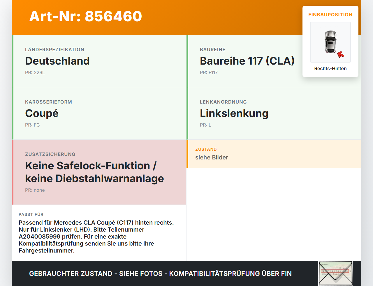 Mercedes CLA 180 C117 13-19 Coupe Türschloss m. ZV Stellmotor Rechts Hinten Mercedes CLA 180 C117 13-19 15.12.2016... Vorschau 3