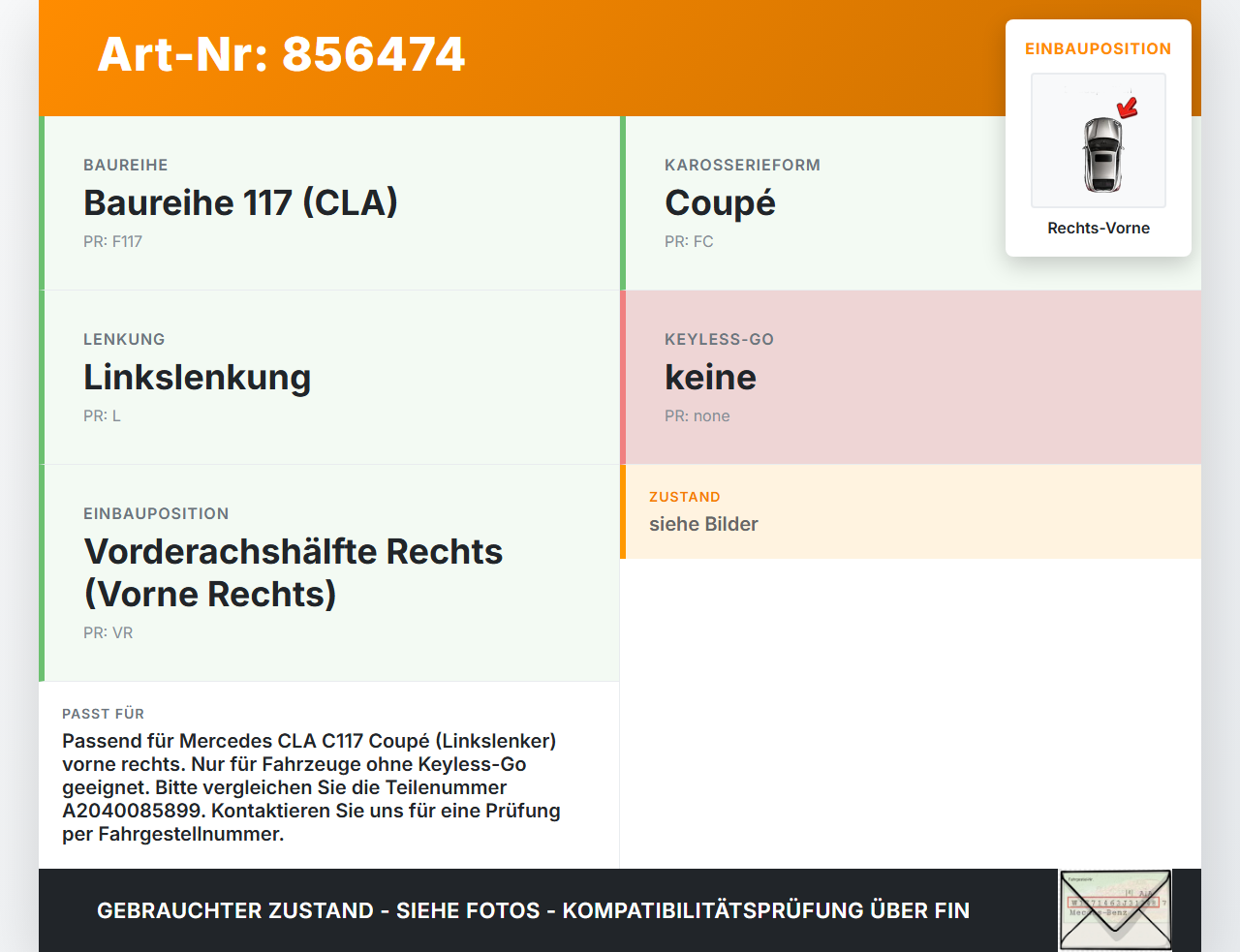 Mercedes CLA 180 C117 13-19 Coupe Türschloss m. ZV Stellmotor Rechts Vorne Mercedes CLA 180 C117 13-19 15.12.2016... Vorschau 3