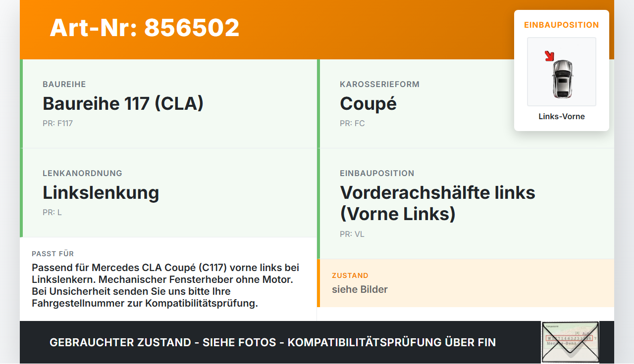 Mercedes CLA 180 C117 13-19 Coupe Fensterheber o. FH-Motor Links Vorne Mercedes CLA 180 C117 13-19 15.12.2016... Vorschau 3
