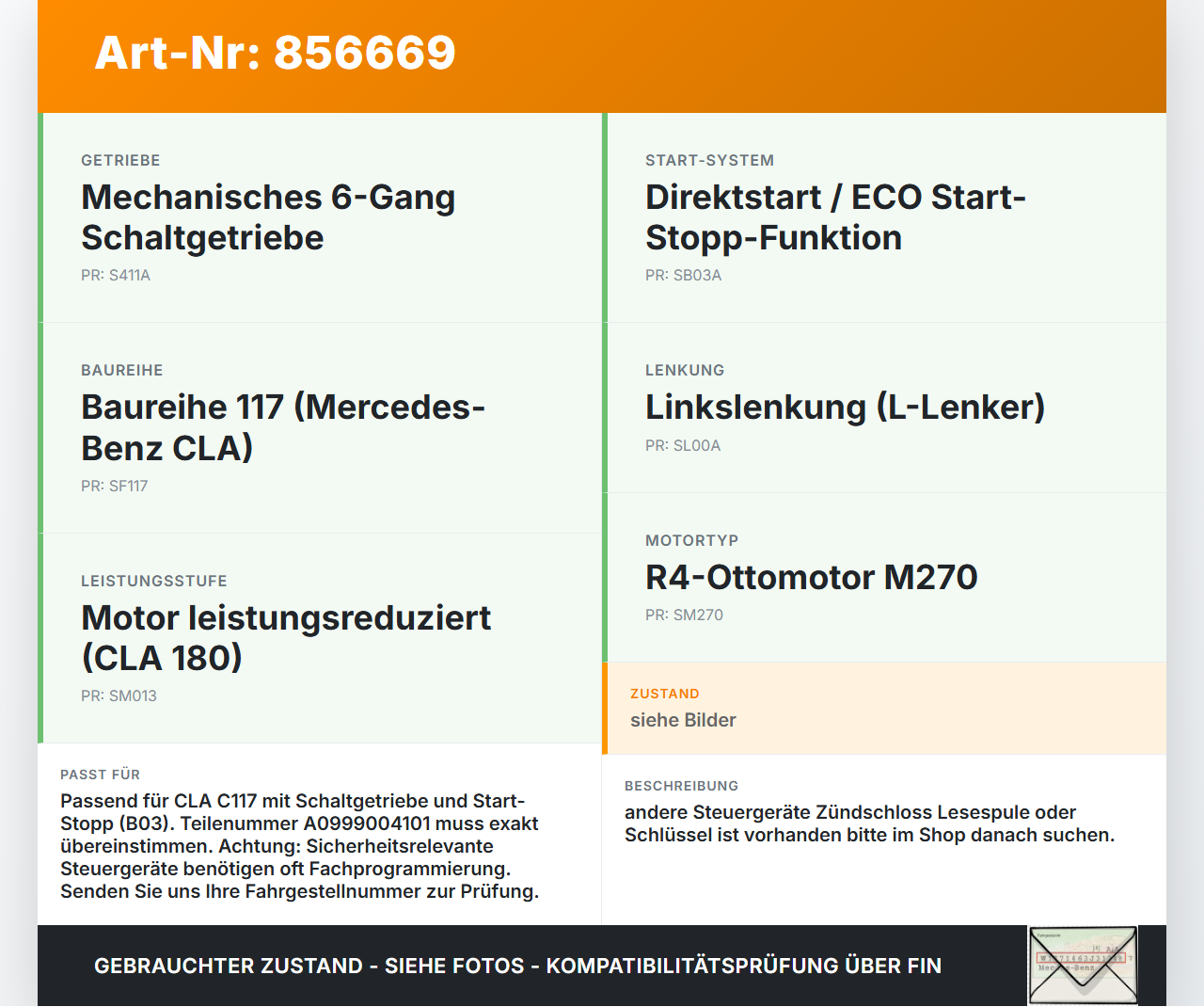 Mercedes CLA 180 C117 13-19 1,6 90KW Wegfahrsperre ECU Steuergerät Mercedes CLA 180 C117 13-19 15.12.2016... Vorschau 3