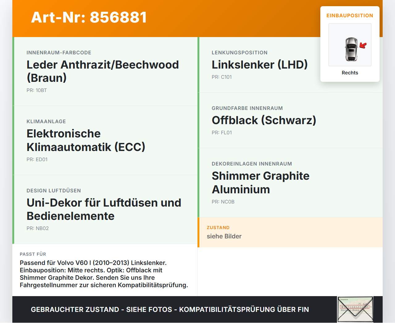 Volvo V60 I D3 10-13 Luftdusche Luftdüse Rechts Mitte Volvo V60 I D3 10-13 01.10.2010 39804141 07756-000 gebraucht Vorschau 3