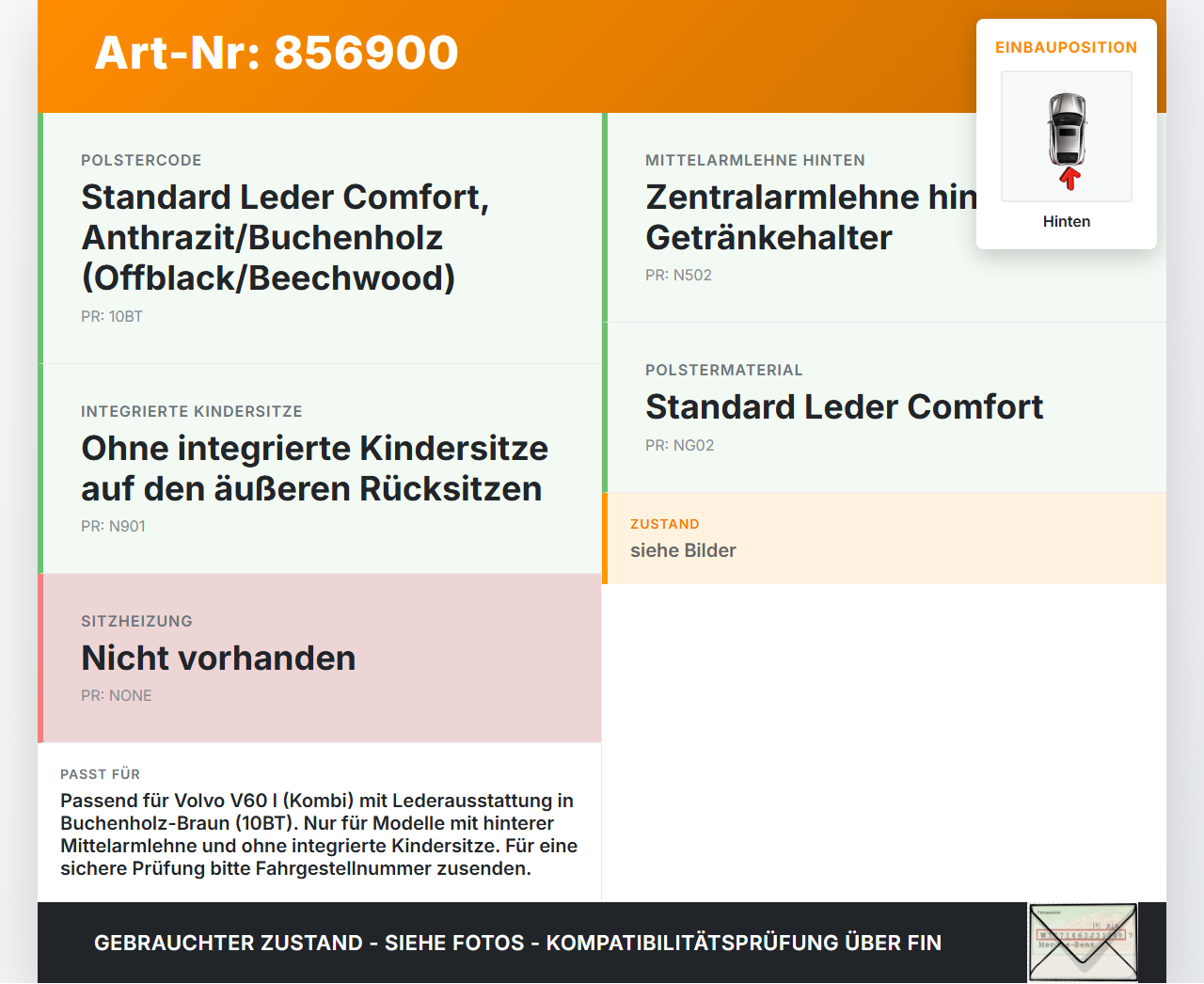 Volvo V60 I D3 10-13 Kombi Sitzbezug Sitzpolster für Rücksitzbank Hinten Volvo V60 I D3 10-13 01.10.2010 - gebraucht Vorschau 3