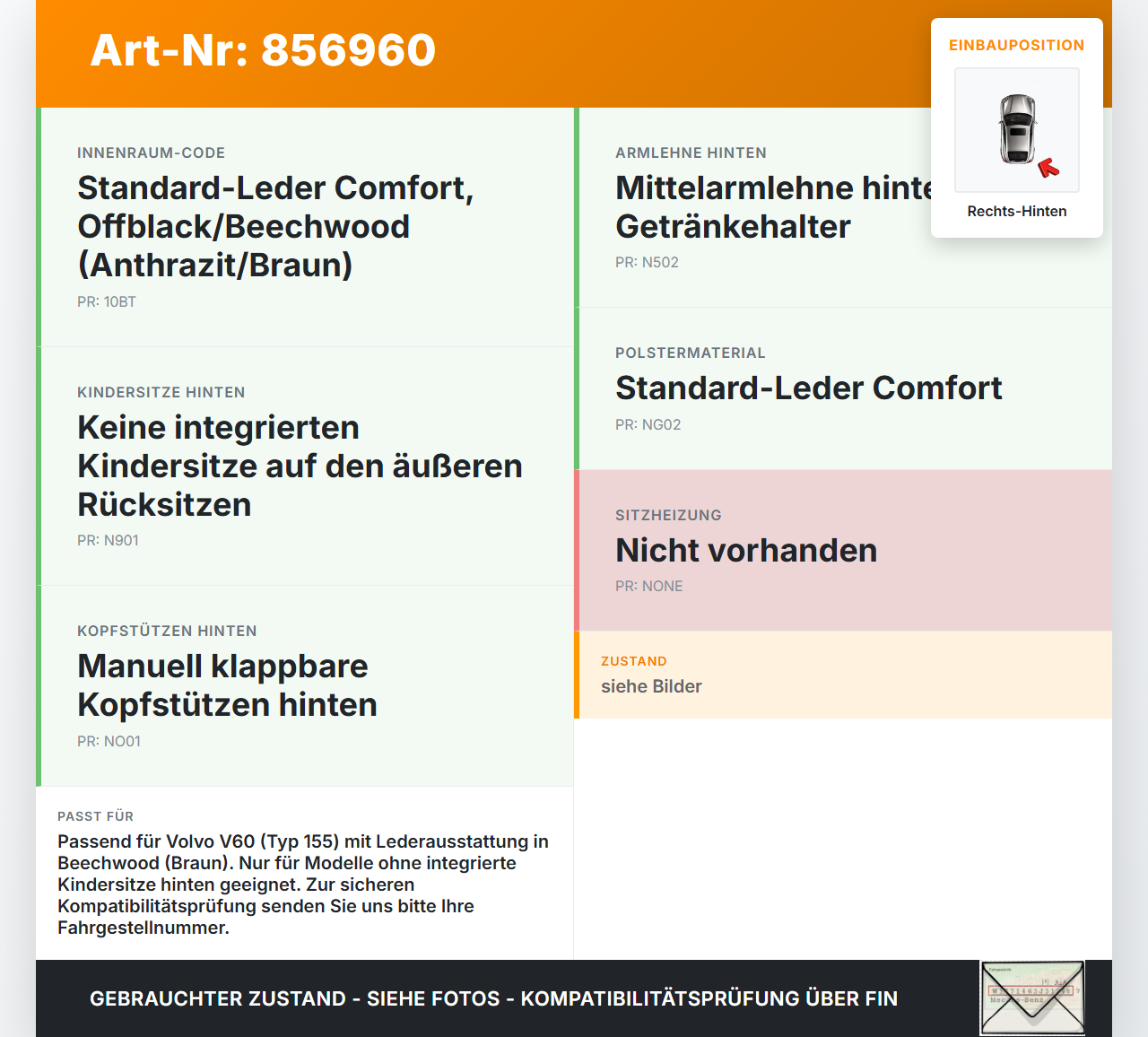 Volvo V60 I D3 10-13 Kombi Sitzbezug Rückenpolster Gurt -Straffer Rechts für Rücksitzbank Hinten Volvo V60 I D3... Vorschau 3