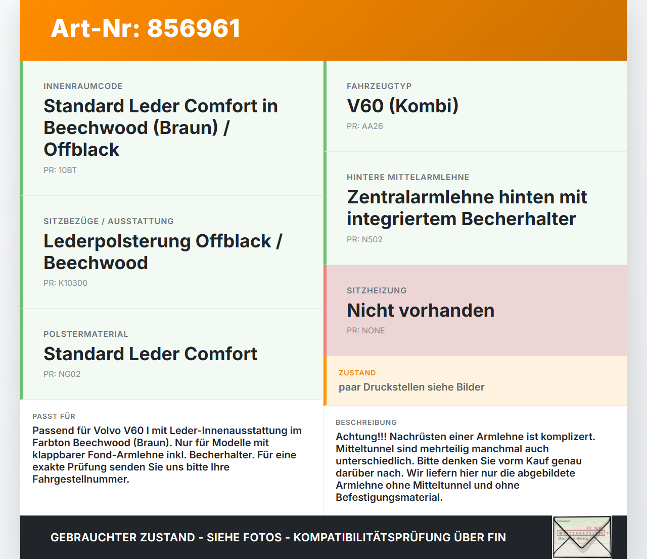 Volvo V60 I D3 10-13 Armlehne Mittelarmlehne Auflage mit Becherhalter für Rücksitzbank Volvo V60 I D3 10-13... Vorschau 3