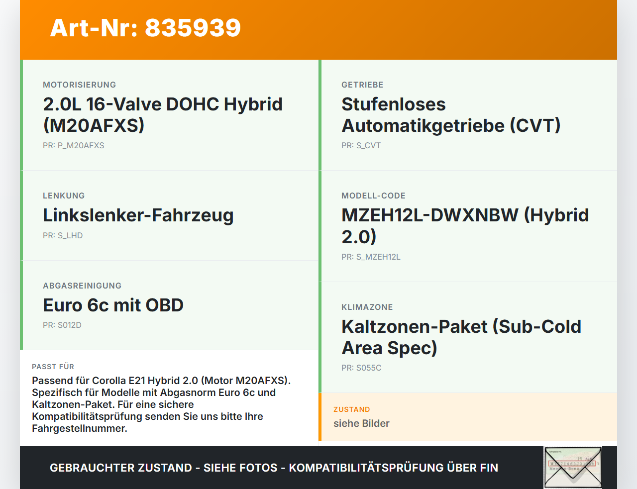 Toyota Corolla E21 19-23 Hybrid 2,0 Hybrid 135KW Drucksensor Toyota Corolla E21 19-23 01.01.2019 8948171010 gebraucht Vorschau 3