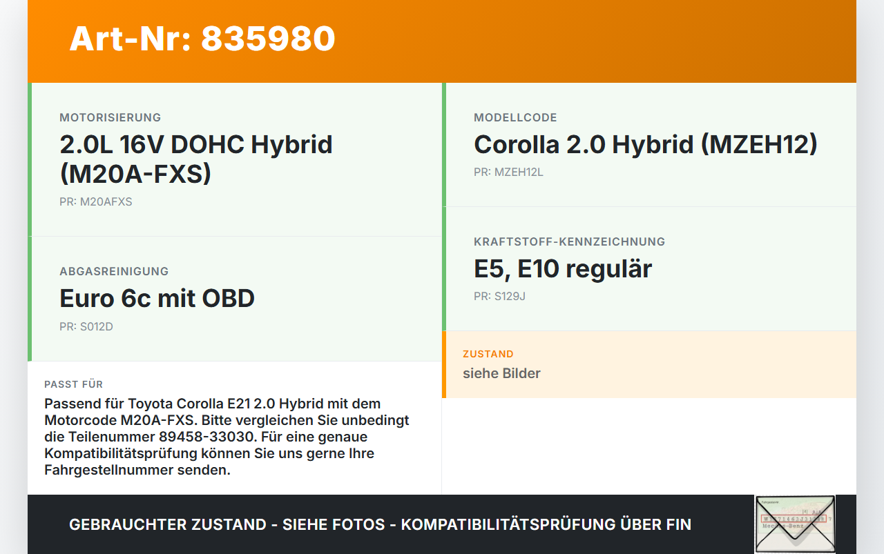 Toyota Corolla E21 19-23 Hybrid 2,0 Hybrid 135KW Sensor Kraftstoffsensor Toyota Corolla E21 19-23 01.01.2019... Vorschau 3