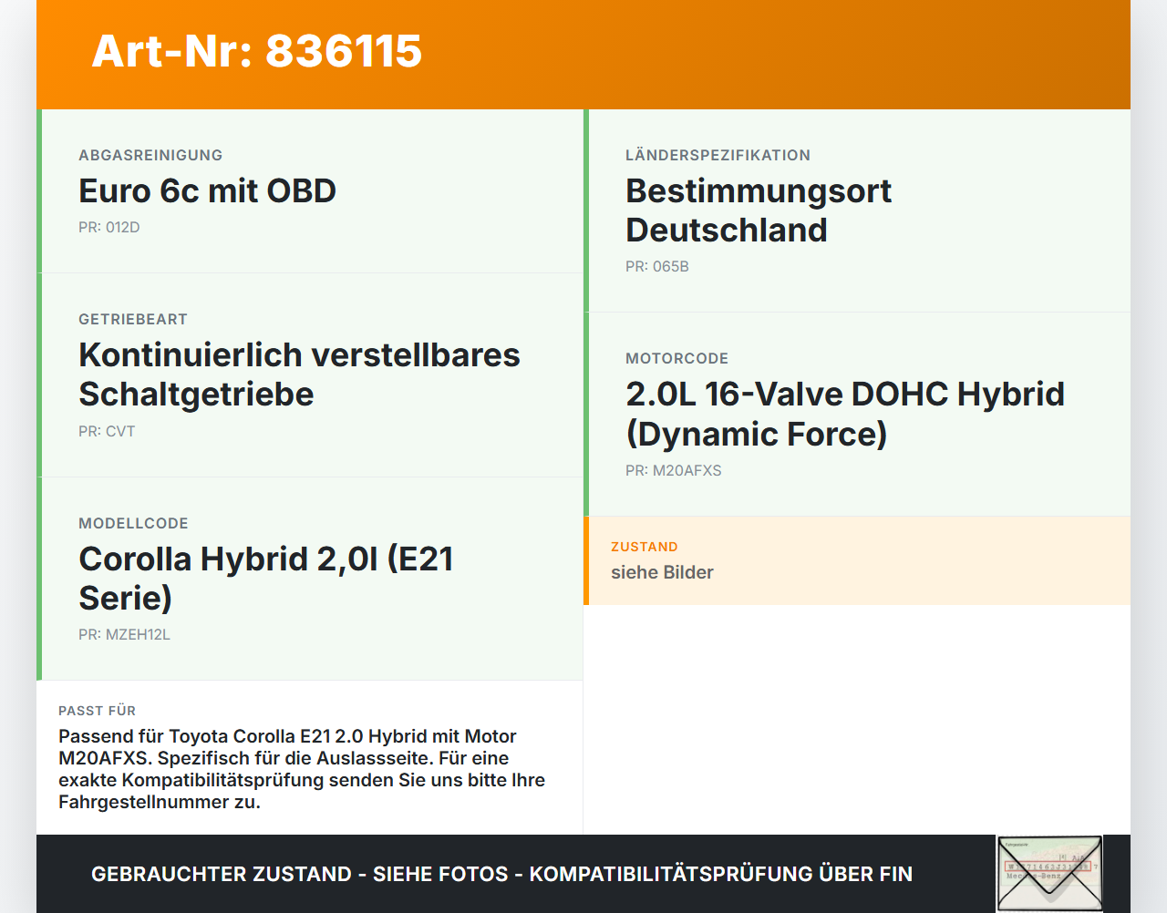 Toyota Corolla E21 19-23 Hybrid 2,0 Hybrid 135KW Nockenwelle Auslass Toyota Corolla E21 19-23 01.01.2019 1350224020... Vorschau 3