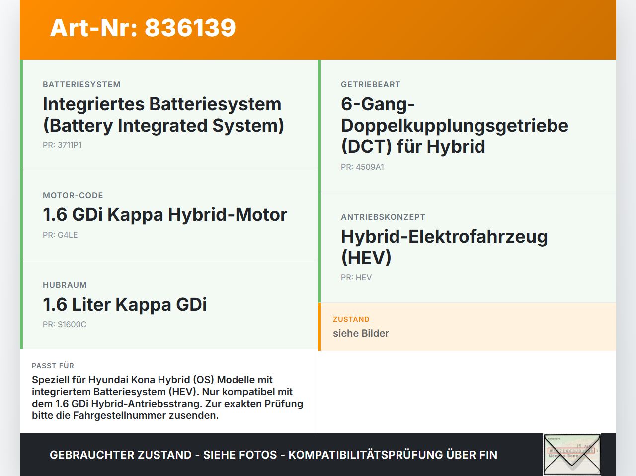 Hyundai Kona Hybr I OS 17-20 Hybrid GDi 1,6 77KW Brücke für Hochvolt- Batterie klein2 Hyundai Kona Hybr I OS 17-20... Vorschau 3