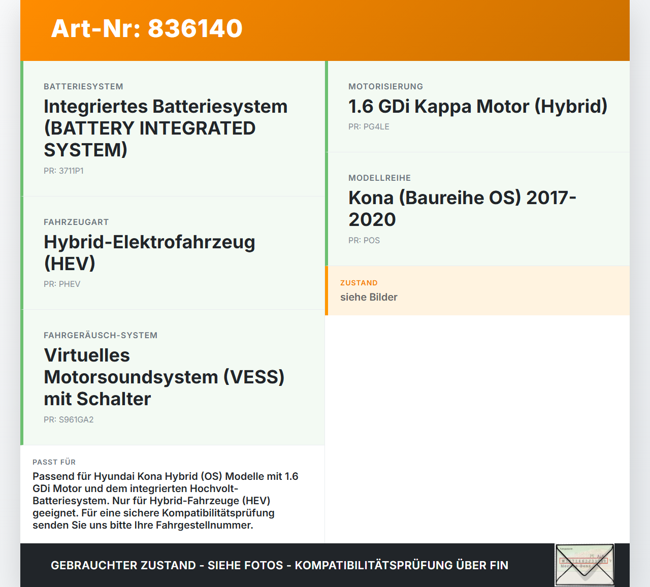 Hyundai Kona Hybr I OS 17-20 Hybrid GDi 1,6 77KW Kappe Plus für Brücke Hochvolt- Batterie klein3 Hyundai Kona Hybr... Vorschau 3