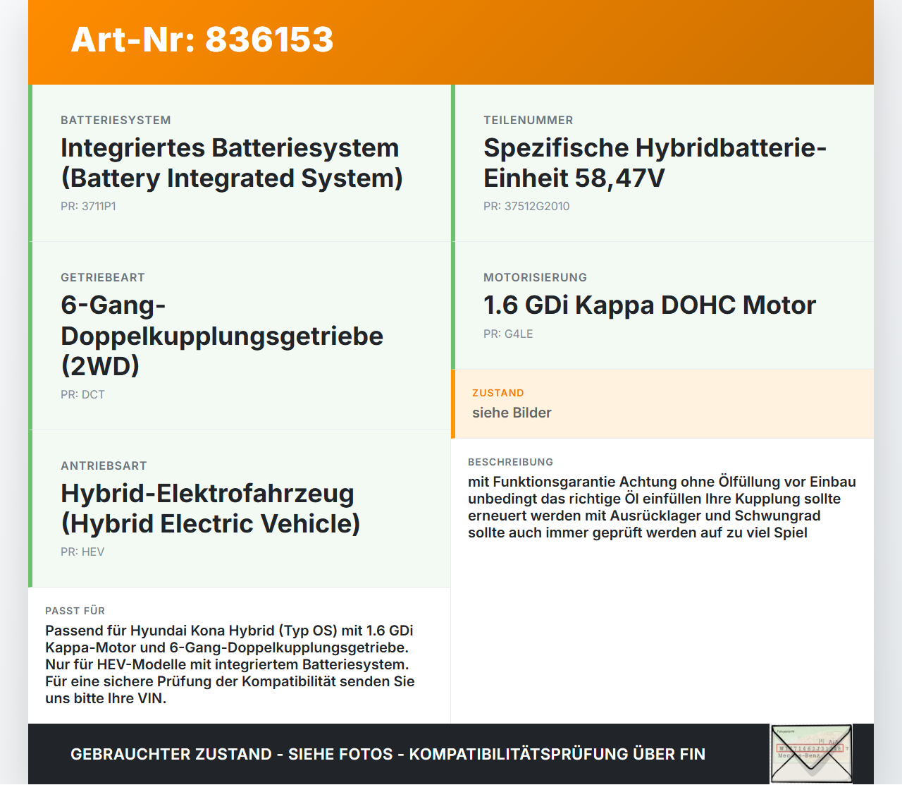 Hyundai Kona Hybr I OS 17-20 Hybrid GDi 1,6 77KW Hybridbatterie Pack Pos.1 Batterie Akku 58,47V Hyundai Kona Hybr I... Vorschau 3