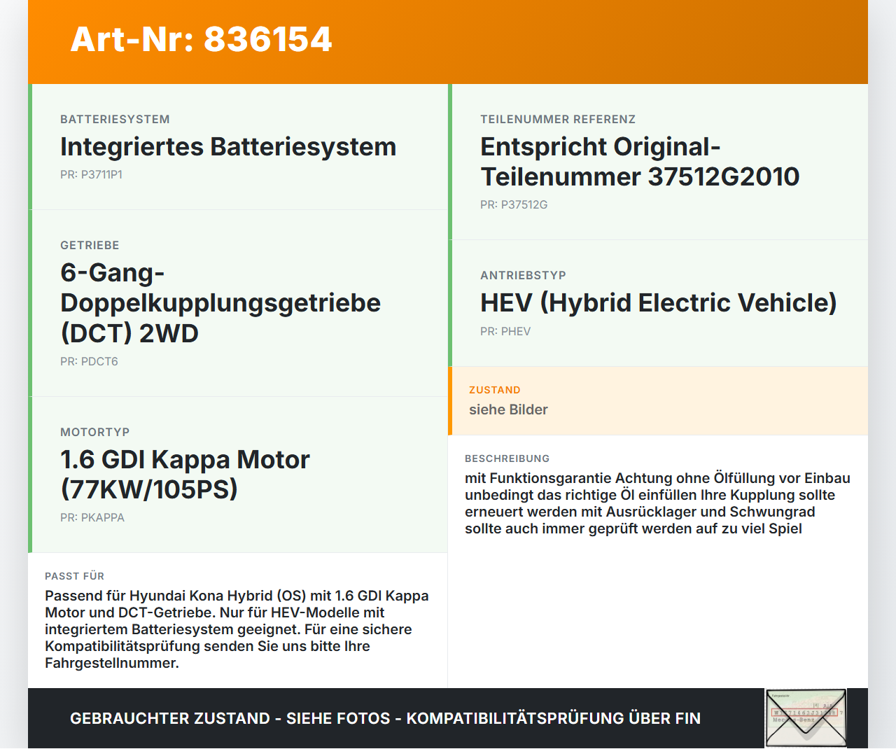 Hyundai Kona Hybr I OS 17-20 Hybrid GDi 1,6 77KW Hybridbatterie Pack Pos.2 Batterie Akku 58,48V Hyundai Kona Hybr I... Vorschau 3