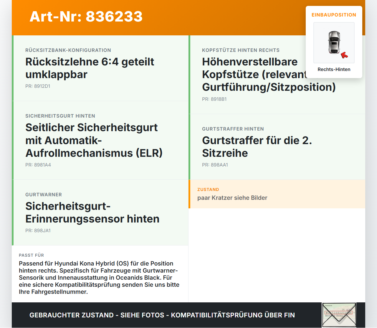 Hyundai Kona Hybr I OS 17-20 Gurtschloss Rechts Hinten Hyundai Kona Hybr I OS 17-20 26.06.2020 gebraucht Vorschau 3