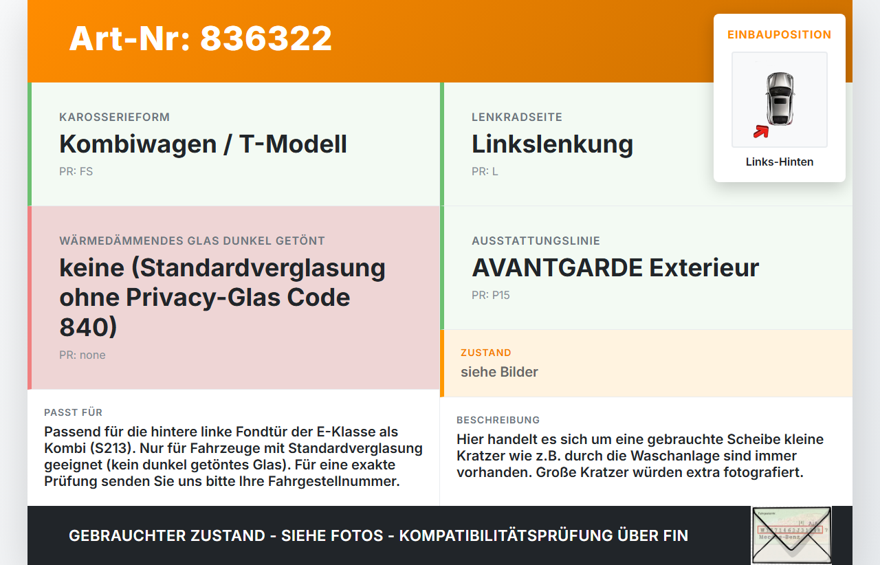 Mercedes S213 E220d 17-21 Kombi Seitenscheibe Dreieck Links Hinten Mercedes S213 E220d 17-21 30.03.2017 A2137300355... Vorschau 3