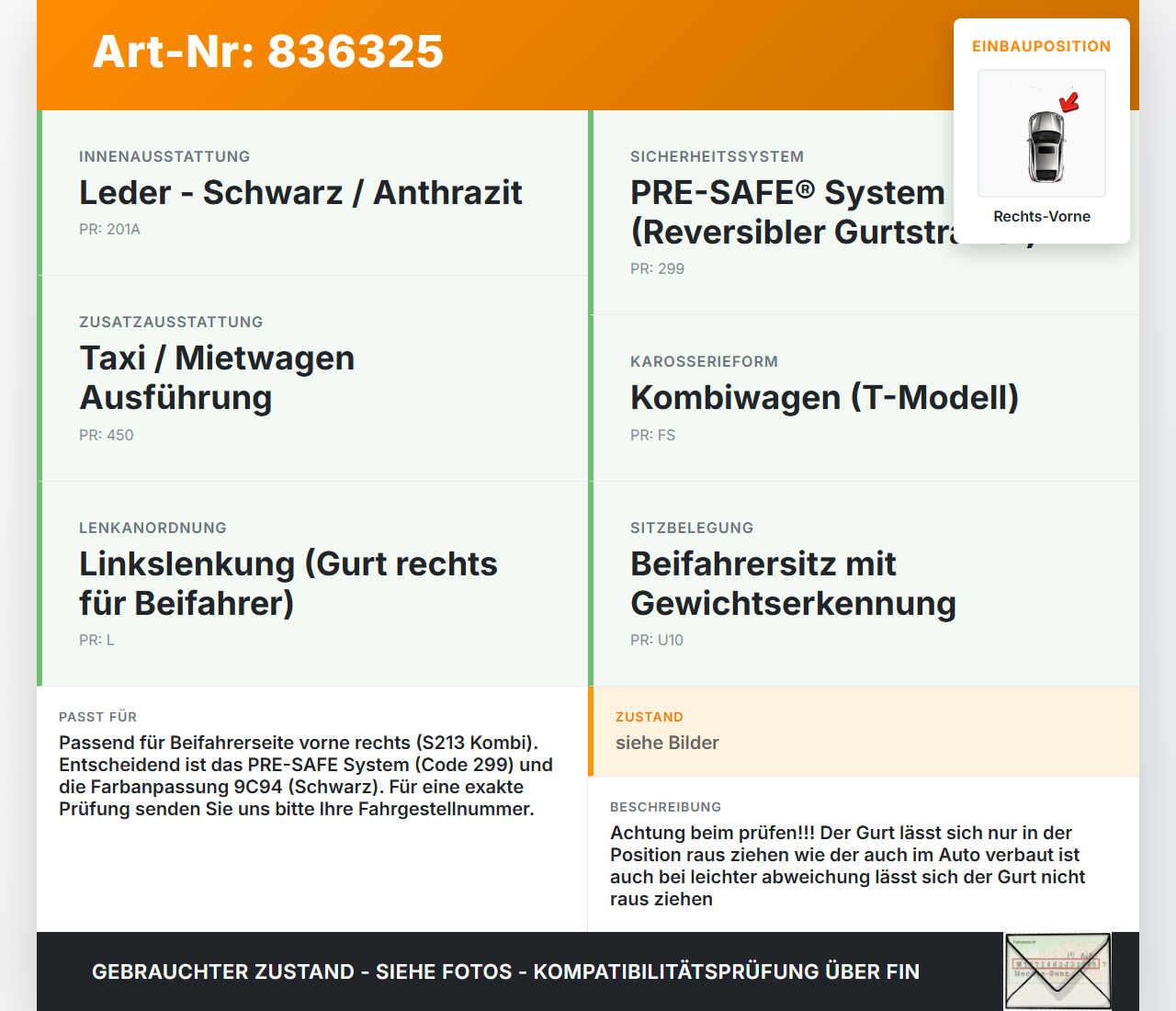 Mercedes S213 E220d 17-21 Kombi Gurt Sicherheitsgurt Gurtstraffer für Beifahrer Rechts Vorne Mercedes S213 E220d... Vorschau 3