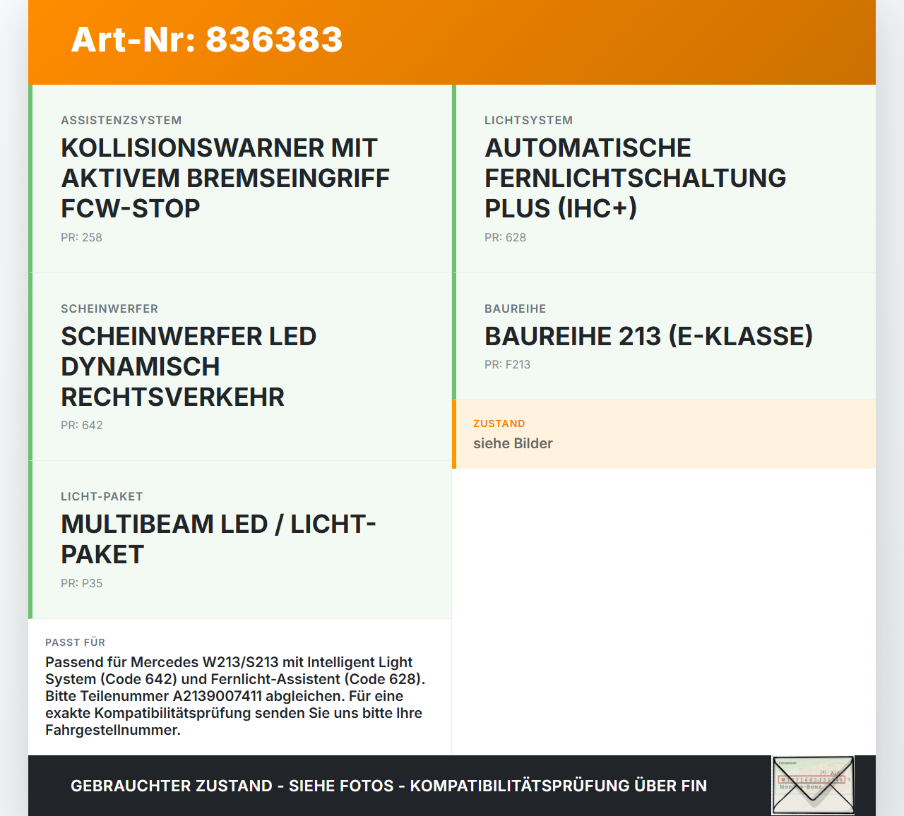 Mercedes S213 E220d 17-21 CDI 2,0 143KW Kamera Frontkamera Sensor Spurassistent Mercedes S213 E220d 17-21... Vorschau 3