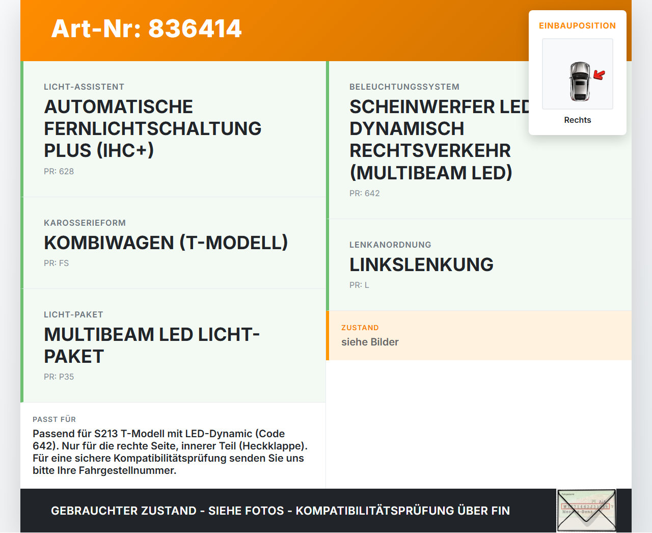 Mercedes S213 E220d 17-21 CDI 2,0 143KW LED Leuchtmittel mit Reflektor für Rückleuchte Rechts Innen Mercedes S213... Vorschau 3