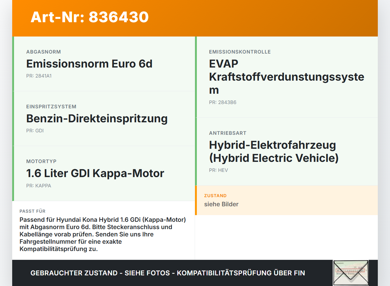 Hyundai Kona Hybr I OS 17-20 Hybrid GDi 1,6 77KW Lambdasonde Hyundai Kona Hybr I OS 17-20 26.06.2020 3921003150... Vorschau 3