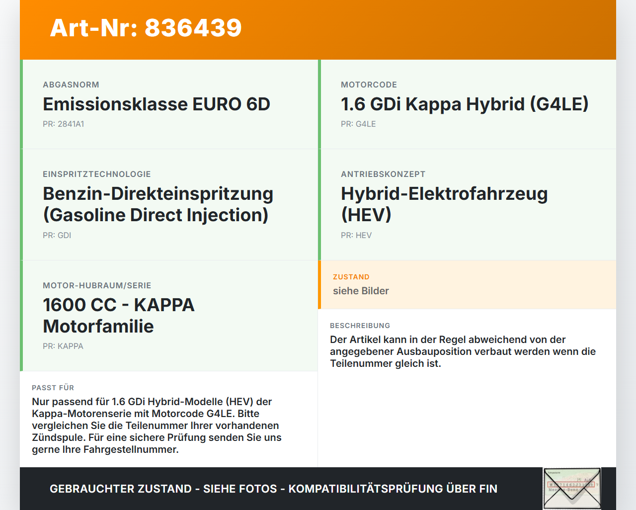 Hyundai Kona Hybr I OS 17-20 Hybrid GDi 1,6 77KW Zündspule Zyl.4 Hyundai Kona Hybr I OS 17-20 26.06.2020 2730103HA0... Vorschau 3