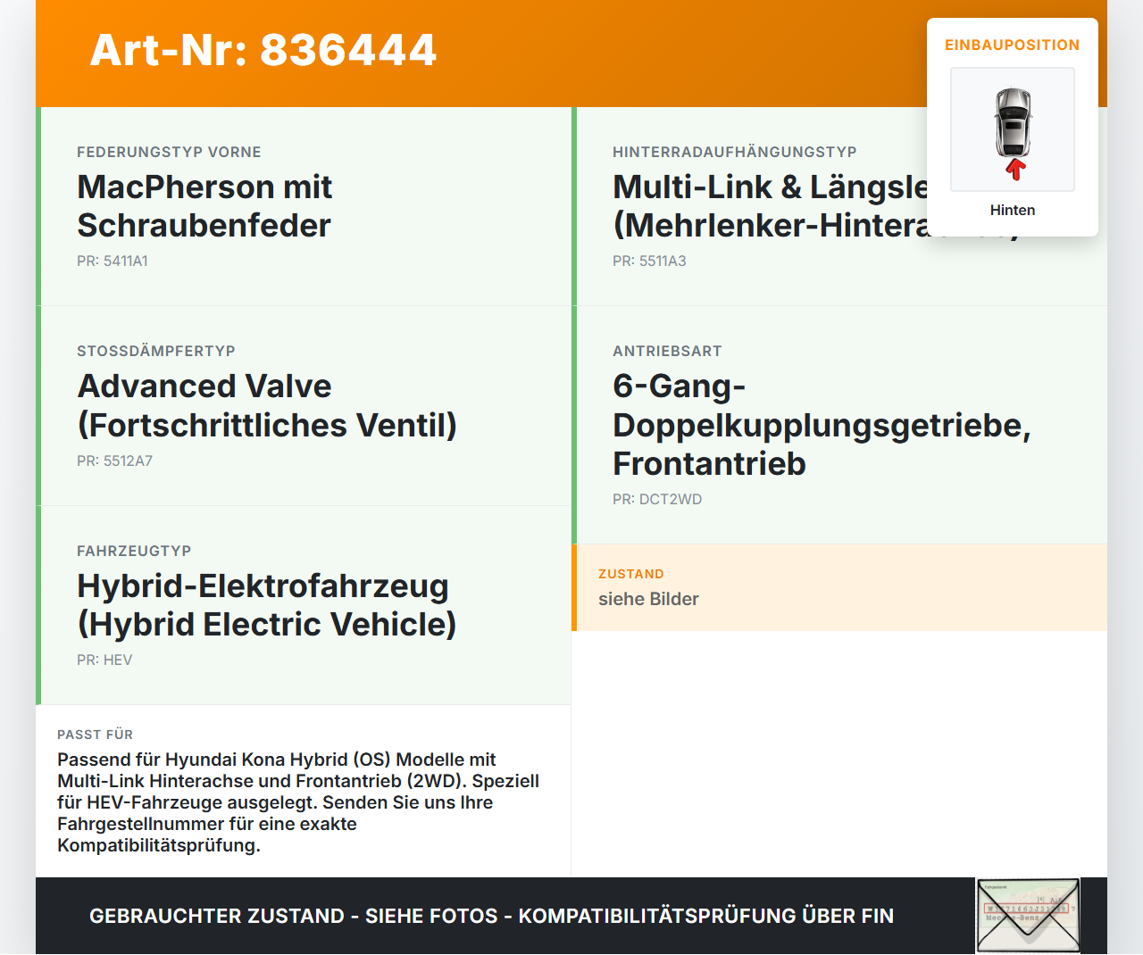 Hyundai Kona Hybr I OS 17-20 Beide Feder Federn Hinten Hyundai Kona Hybr I OS 17-20 26.06.2020 55330CM120 gebraucht Vorschau 3