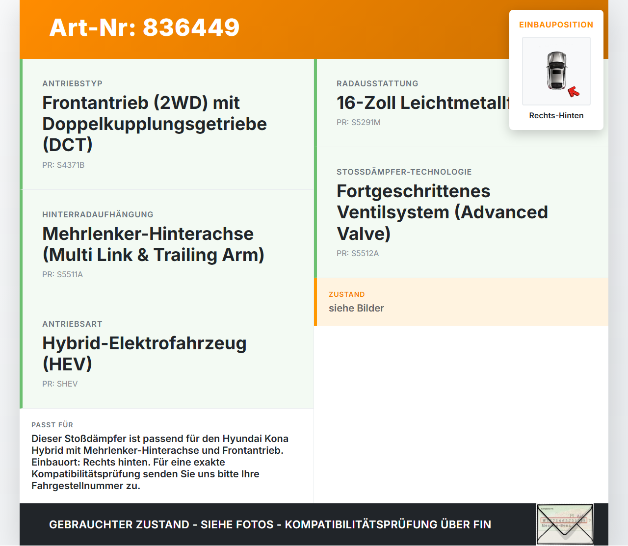 Hyundai Kona Hybr I OS 17-20 Stossdämpfer Rechts Hinten Hyundai Kona Hybr I OS 17-20 26.06.2020 55307CM000 gebraucht Vorschau 3