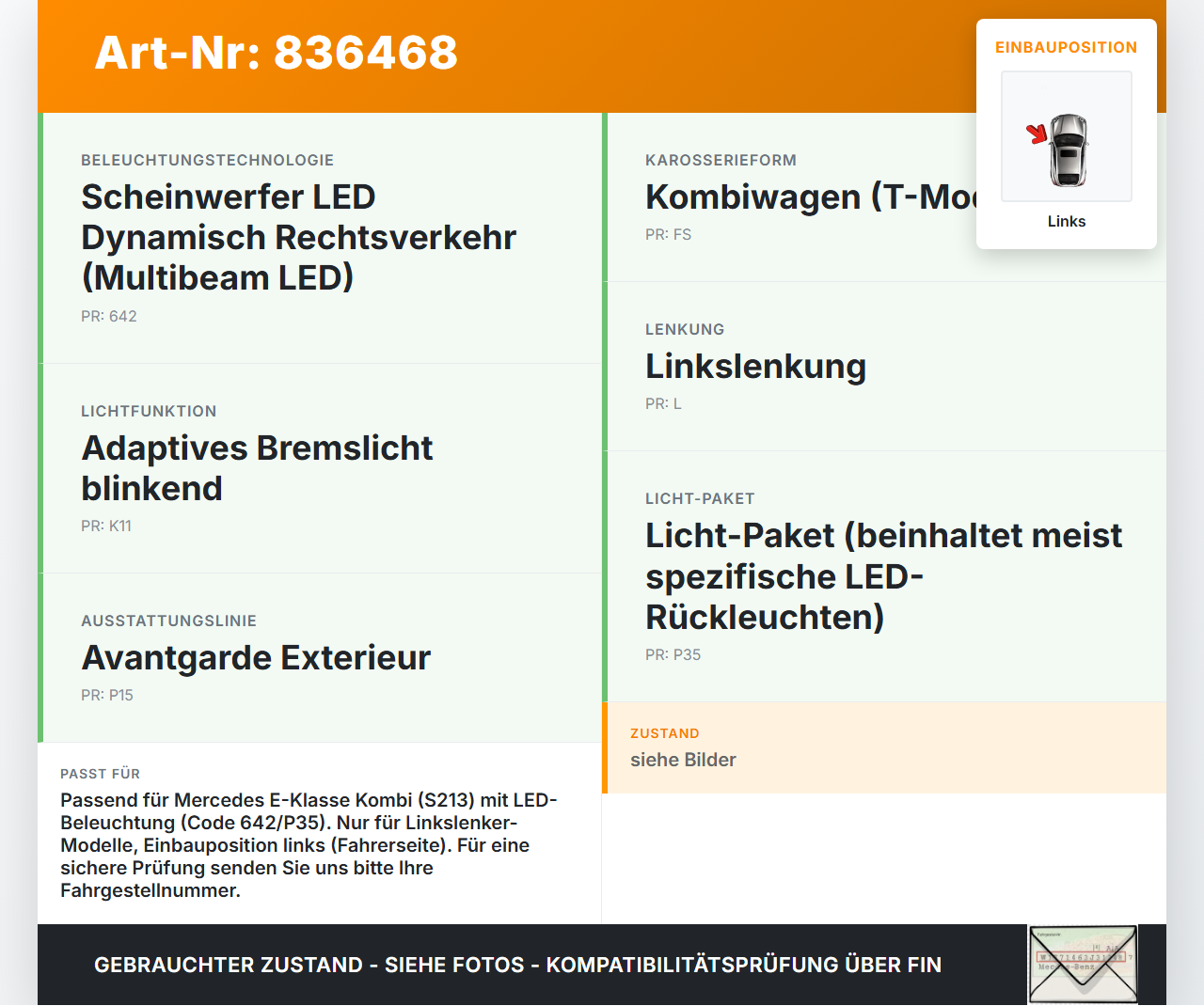 Mercedes S213 E220d 17-21 Kombi LED Leuchtmittel Rückleuchte Links orig Mercedes S213 E220d 17-21 30.03.2017... Vorschau 3
