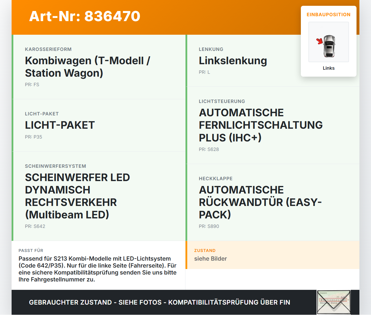 Mercedes S213 E220d 17-21 Kombi LED Leuchtmittel Rückleuchte Links orig Mercedes S213 E220d 17-21 30.03.2017... Vorschau 3